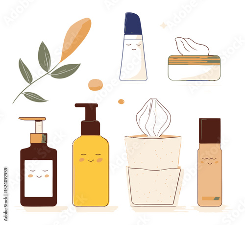 Whimsical Cosmetic Illustration with Skincare Products and Natural Elements