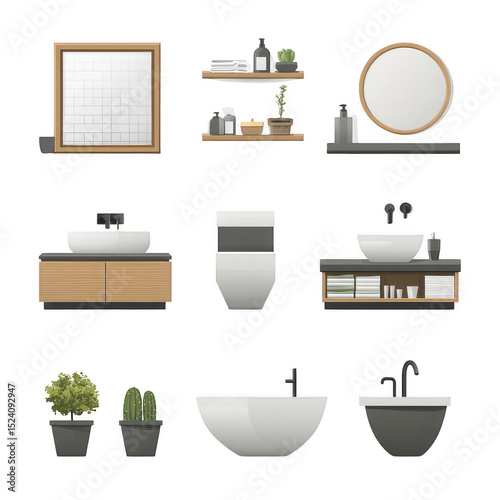 Modern Bathroom Elements with Sink, Mirror, Shelves, Plants, and Bathtub for Contemporary Interior Design Inspiration