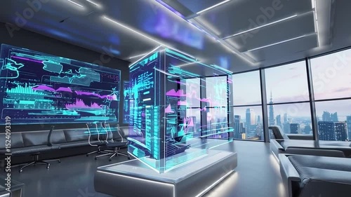 Futuristic Office with Data Visualization and City View Through Windows at Nighttime