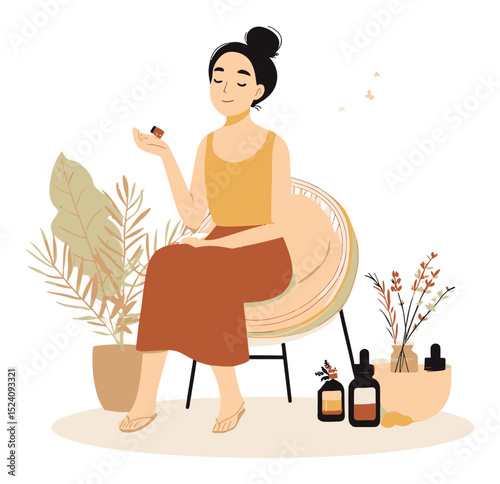 Relaxing Woman with Cosmetic Products in a Serene Botanical Setting