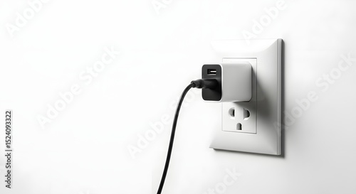 A white usb charger plugged into a wall outlet on a plain white textured wall view
