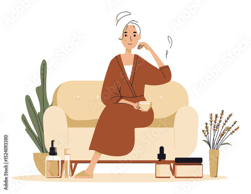 Cozy Woman Enjoying Tea in Spa Setting with Cosmetics and Plants