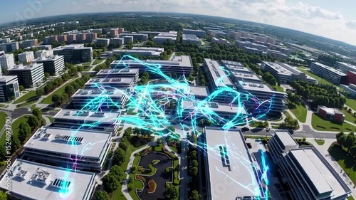 Aerial View of Modern Urban Development with Digital Technology Overlay in Bright City Landscape