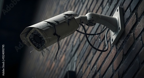 A damaged security camera mounted on a brick wall showing signs of vandalism and neglect