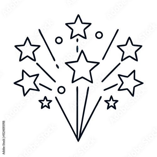 Festive fireworks display with sparkling stars, perfect for celebration cards. Bright fireworks burst with radiant star shapes and celebratory lines.
