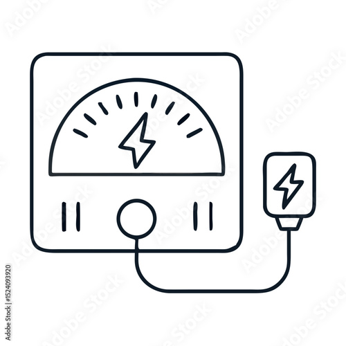 Energy meter gauge with lightning bolt symbol and power cord.  Simple energy meter illustration shows electricity usage.