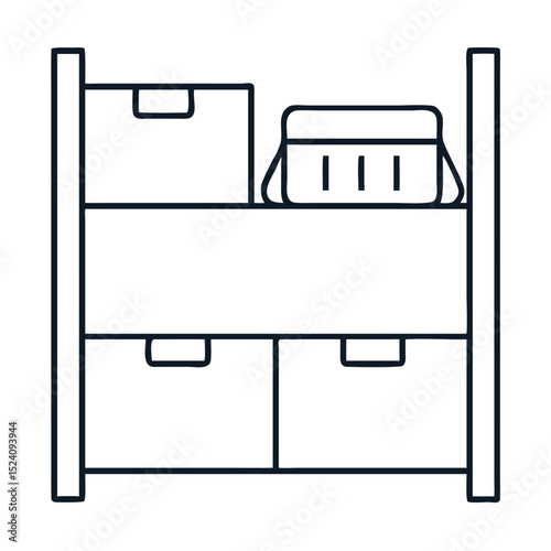 Organized shelf with boxes and handbag.  Neatly arranged storage solution with cardboard boxes and purse.  Perfect home organization concept for housewarming gifts or online shop.