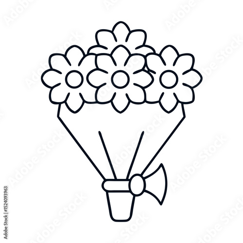 Simple flower bouquet illustration line art. Elegant floral arrangement design with simple flowers and ribbon. Perfect flower bouquet graphic for housewarming gift or e-commerce website.