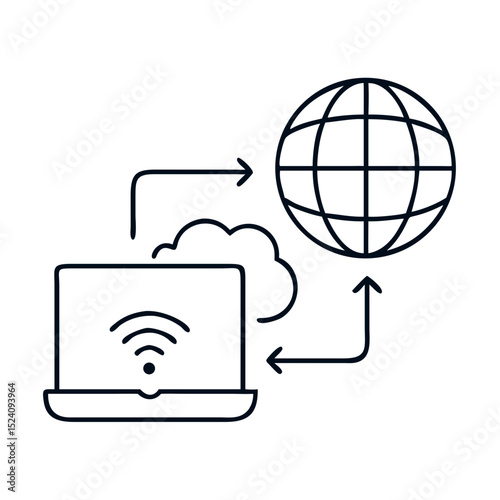 Internet setup guide showing laptop connecting to global network via cloud.  Simple internet setup diagram illustrates wireless connection and data exchange.