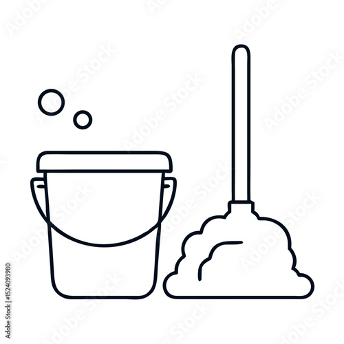 Cleaning supplies bucket and mop for spring cleaning. House cleaning essentials include bucket and mop for spotless floors. Simple cleaning tools concept for home decor websites and e-commerce.