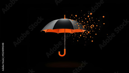 A black and orange umbrella with floating orange dots