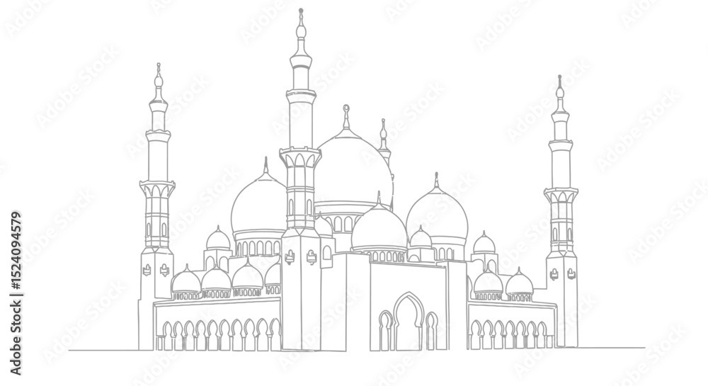 Fototapeta premium Single-Line Drawing of a Grand Mosque with Domes and Minarets