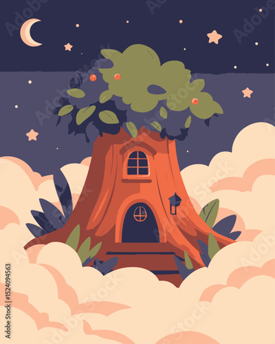 Whimsical Tree House Surrounded by Dreamy Clouds and Stars at Night