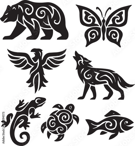 Set of Tribal Animal Silhouettes – Ethnic Vector Symbols and Totem Style