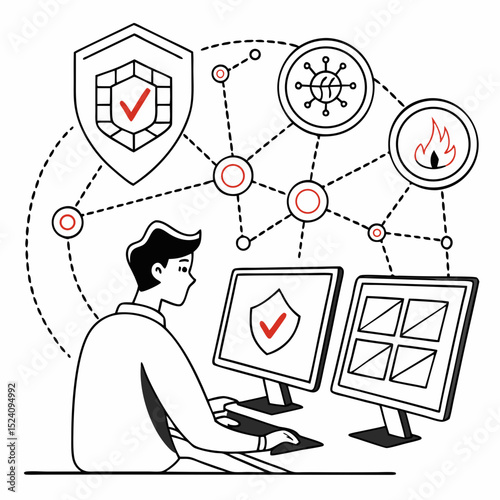 Man working on computer with security shield and network connections overhead
