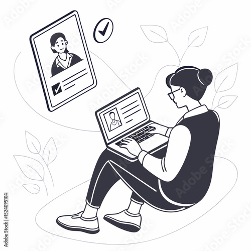 Woman using laptop with profile and check mark in a stylized illustration