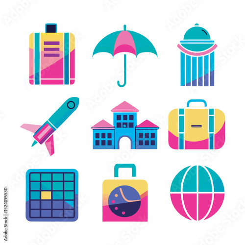 Vibrant travel and tourism icons vector set
