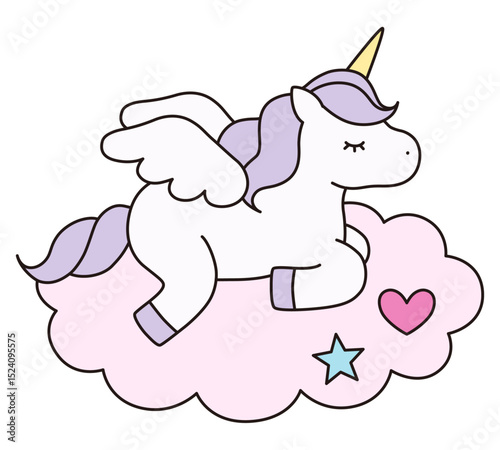 かわいいユニコーンのベクターイラスト。馬、動物、ドリーミー、羽、ペガサス、線