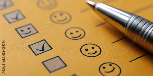 A close-up of a satisfaction survey form with smiley faces and checkboxes, next to a silver pen on a yellow background.