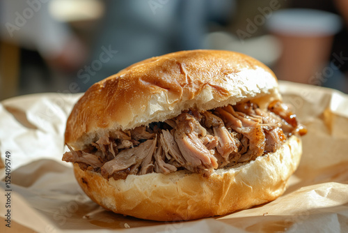 Classic bifana sandwich with pulled pork on paper wrap