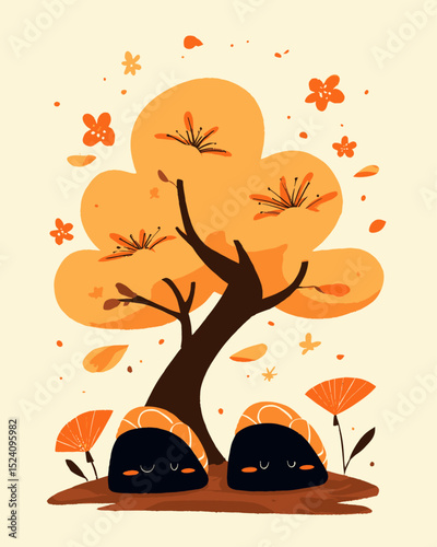 Cute Cartoon Sushi Under Orange Tree with Fall Leaves and Flowers Design