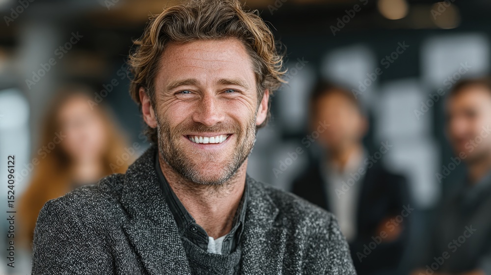 Obraz premium Happy male speaker smiling confidently while engaging with supportive colleagues in a professional conference setting