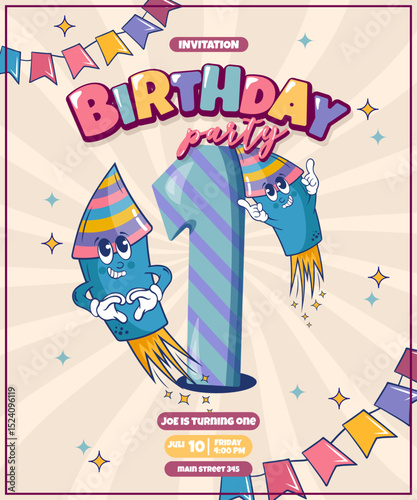 birthday card with cute little fireworks  and number one