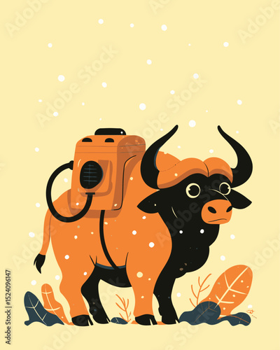 Cartoon Illustration of a Playful Cow with a Backpack in a Minimal Design