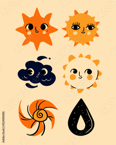 Colorful Cartoon Sun and Cloud Illustrations for Playful Designs