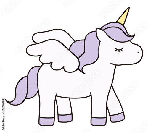 かわいいユニコーンのベクターイラスト。馬、動物、ドリーミー、羽、ペガサス、線