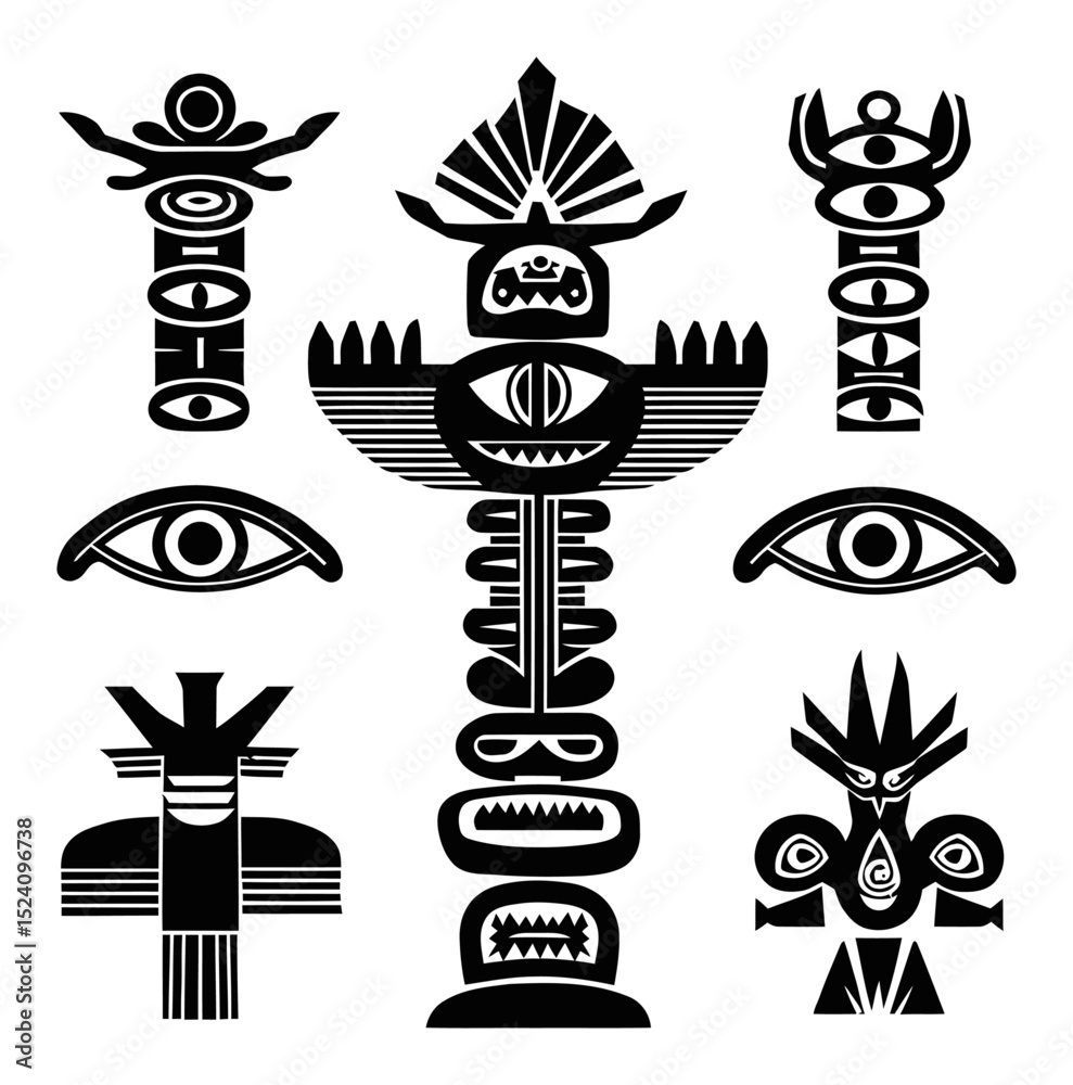 Naklejka premium Intricate Black and White Art Illustrations of Tribal Symbols and Totems