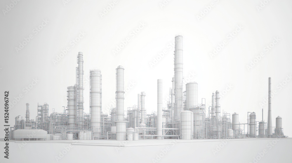 Naklejka premium Wireframe rendering of a sprawling industrial refinery complex against a stark white background, showcasing numerous towers