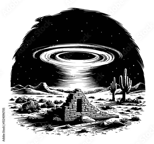 Mysterious Desert Landscape with Engraved UFO and Ancient Ruins Illustration