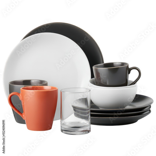 Modern Tableware Collection Featuring Sleek Plates, Stylish Cups, Elegant Bowls, and Glasses in a Minimalistic Arrangement for Dining and Decor
