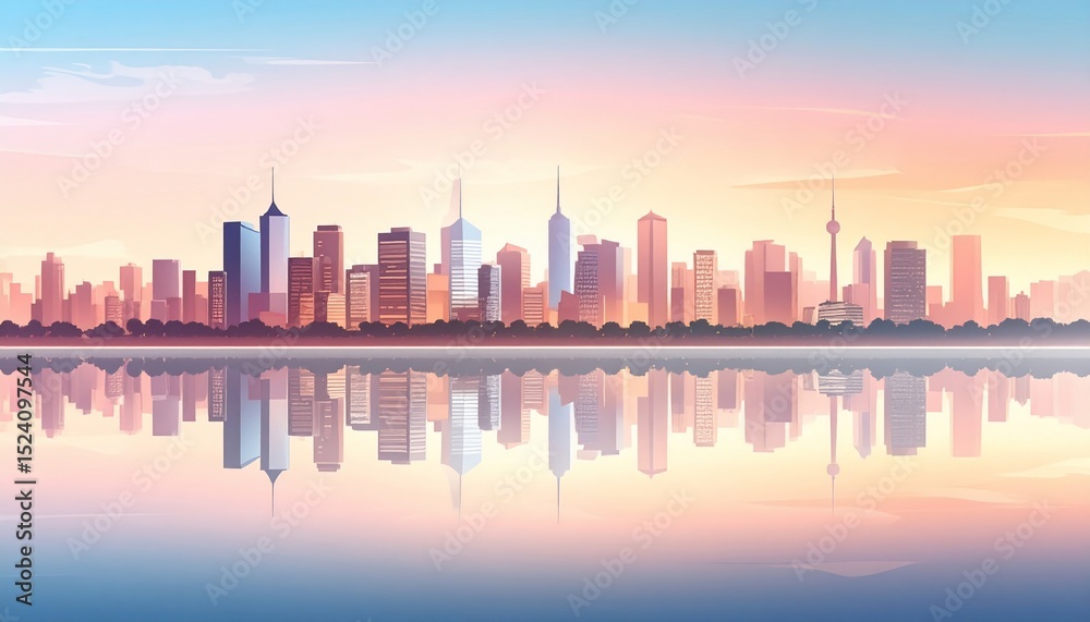 Obraz premium Cityscape Reflection at Dawn: A Serene Urban Panorama