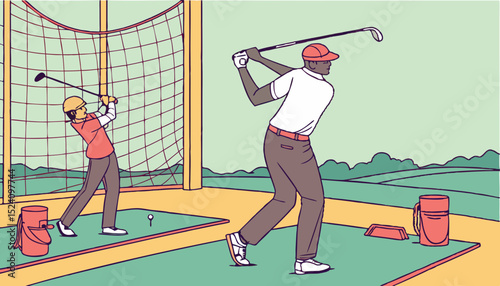 The background of a golf driving range made of a large net. A back view of people practicing their golf swing.     