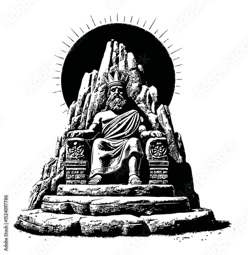 Majestic King Sitting on Throne Surrounded by Rocky Landscape in Engraving Style