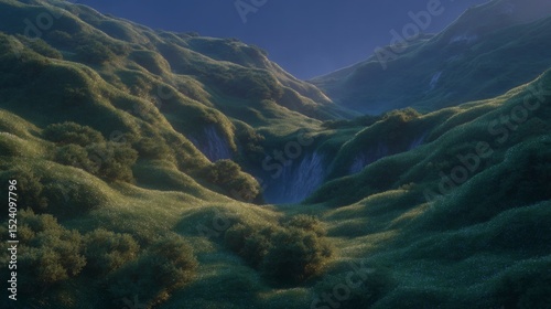 Serene Rolling Hills Landscape  Lush Green Valley  Scenic Vista  Nature Photography