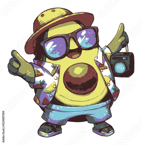 Cheerful Avocado Character With Sunglasses and Tropical Outfit in Bright Colors