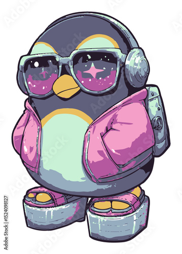 Stylish Cartoon Penguin in Sunglasses and Colorful Outfit