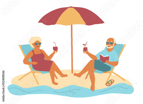 Cheerful Elderly Couple Enjoying Summer on the Beach with Tropical Drinks