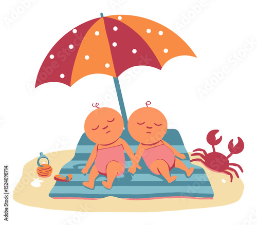 Summer Vacation Cartoon Illustration of Two Babies Relaxing Under Umbrella