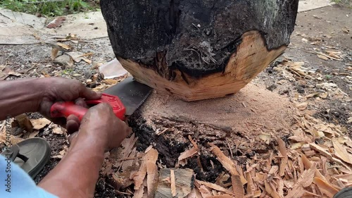 The movement of a man's hand cutting through charred, rotten wood from a fire using a saw to cut down the lower part of a tree trunk.