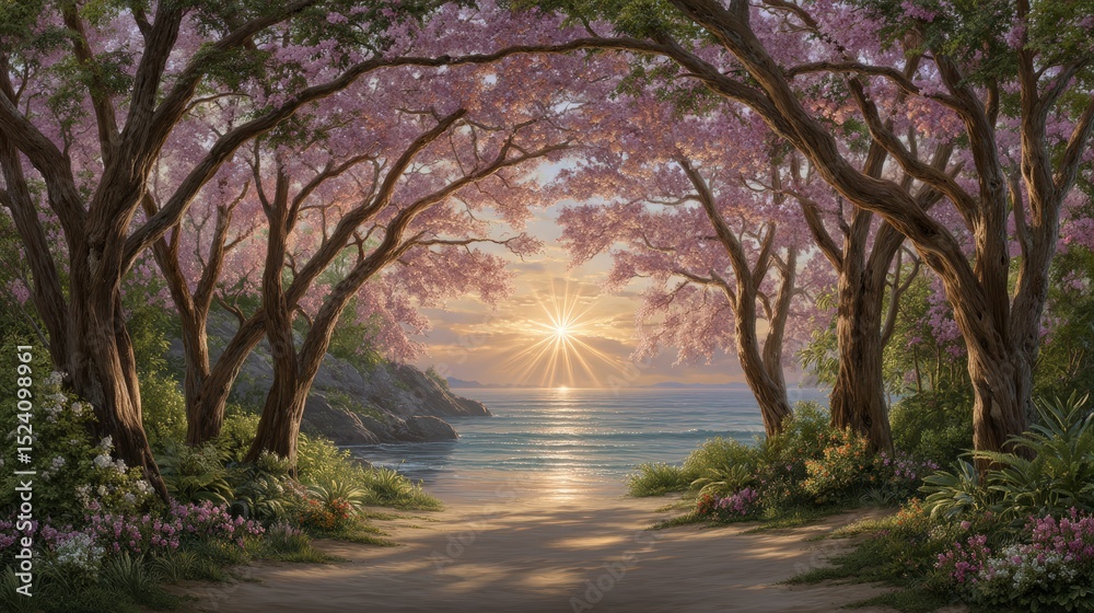 Naklejka premium Serene Sunset Pink Blossom Trees Calm Ocean Tranquil Path