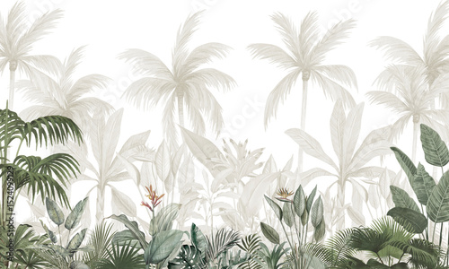 Soft Botanical Wall Mural: Light Green Palms & Exotic Plants Background