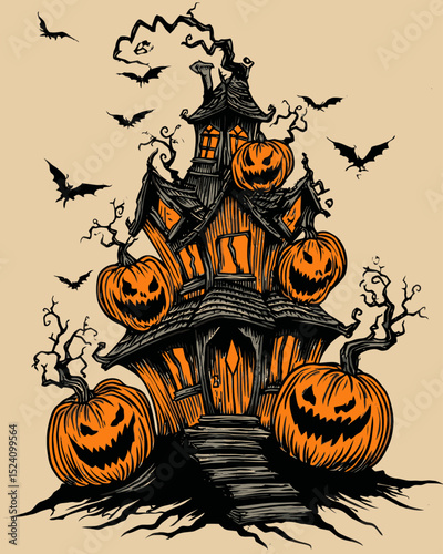 Spooky Haunted House with Pumpkins and Bats for Halloween Artwork