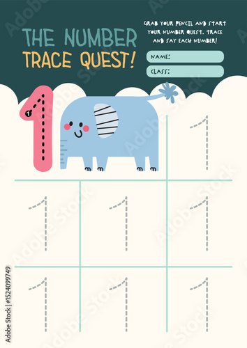 Kawaii style number tracing worksheet for kids in a fun and colorful printable format to build math and handwriting skills