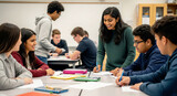 A diverse group of high school students collaborates on a group project at a table in a modern classroom.