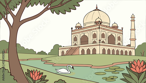 Mughal garden arch, dome illustration for wallpaper. Botanical tree landscape illustration. Water lily and swan in a beautiful lake.   