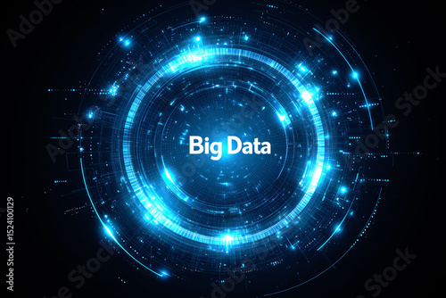 The words big data in the center of a glowing blue futuristic circular interface representing information technology.